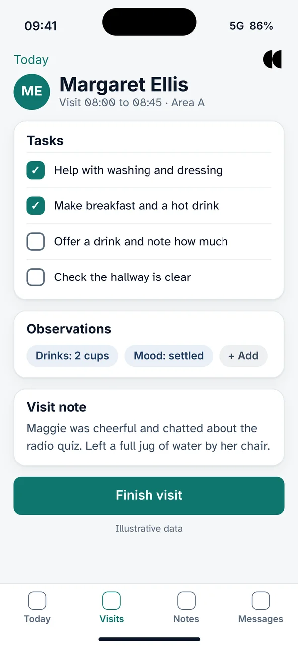 Carer visit screen on iPhone