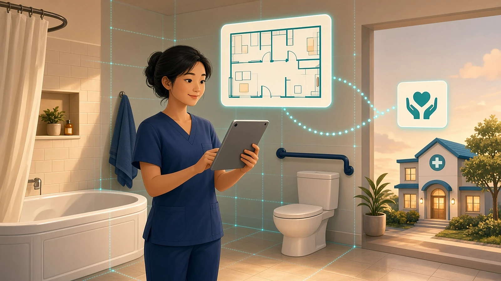 Illustration of an occupational therapist in navy scrubs using a tablet in an accessible bathroom with a grab rail, as a floor plan appears above her and links to a care icon and a care home outside. Illustrative graphic.