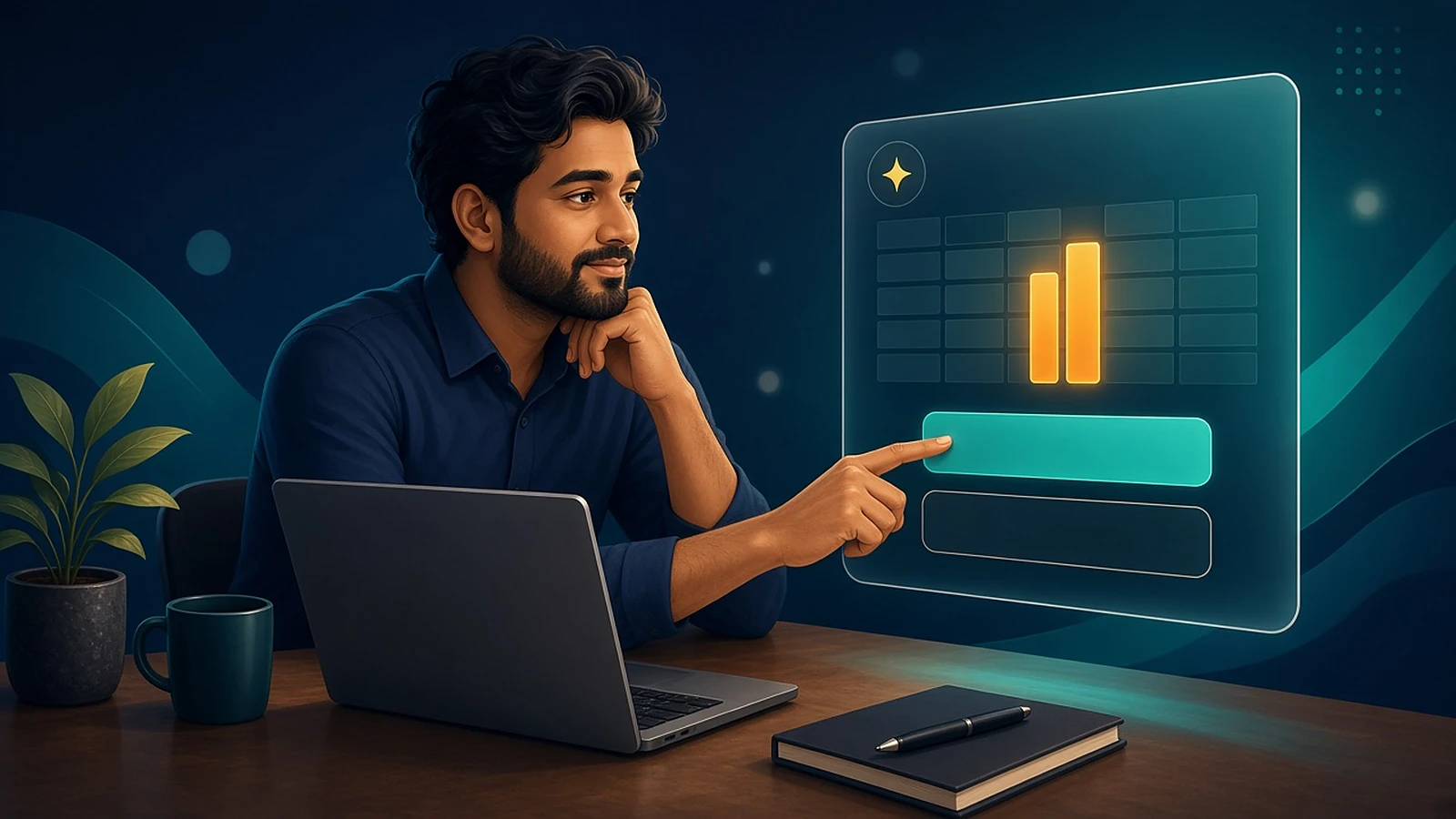 Illustration of a man at a laptop pointing at a floating CuraAI panel where two bars in a grid glow orange, choosing between two buttons. Illustrative graphic.