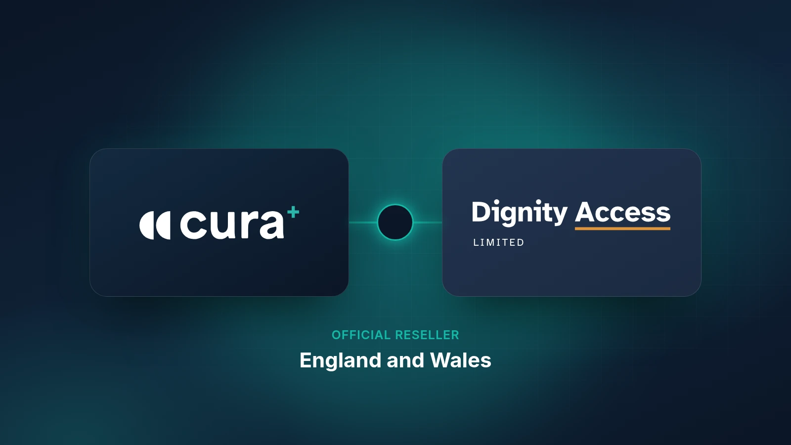 The Cura+ logo and the Dignity Access Limited logo side by side, linked, with the words Official reseller, England and Wales. Illustrative graphic.