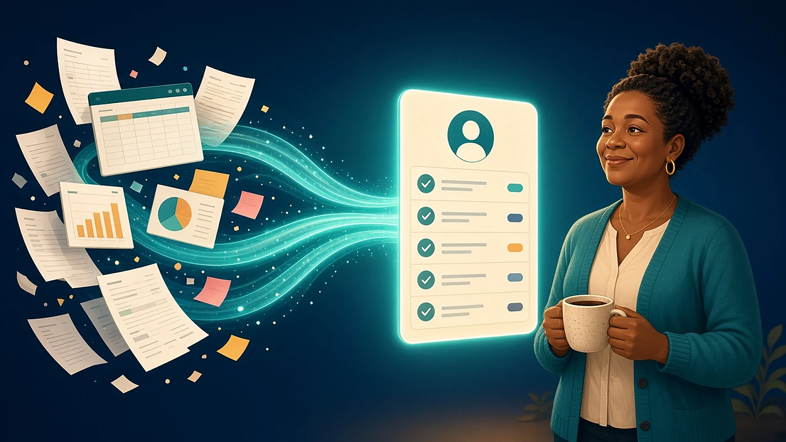 Illustration of scattered spreadsheets, charts and paper notes flowing in a teal stream into one glowing person record with ticked sections, watched by a smiling care manager holding a mug. Illustrative graphic.